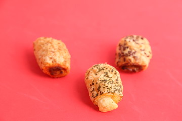 delicious salty cake on colorful background