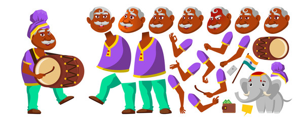 Indian Old Man Vector. Hindu. Asian. Senior Person With Drum, Tutban, Elephant. Elderly People. Aged. Animation Creation Set. Face Emotions, Gestures. Cute. Animated. Isolated Illustration