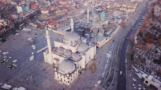 Flying to mevlana, Aerial approaching to Mawlana museum in Konya City in Turkey