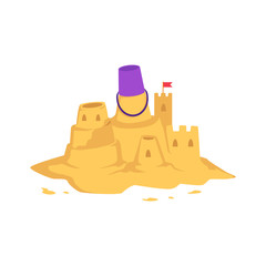 Sandcastle with kid toy bucket and little red flag in flat style isolated on white background - vector illustration of castle with tower made from yellow sand for summer seashore recreation concept.