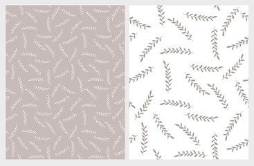 Hand Drawn Abstract Twigs Vector Patterns. Light Pale Brown and White Color Design. Floral Repeatable Patterns. Pastel Colors. Light Brown and Whte Background.