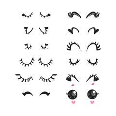 Eyelashes vector illustration set - different pretty cute cartoon false girly or unicorn lashes on closed smiling or sleeping and open eyes with stars reflection isolated on white background.