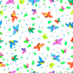 Colorful cute funny cartoon birds and butterflies seamless summer pattern