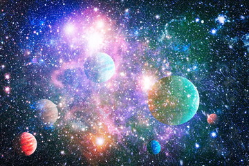 Stars of a planet and galaxy in a free space. Elements of this image furnished by NASA .