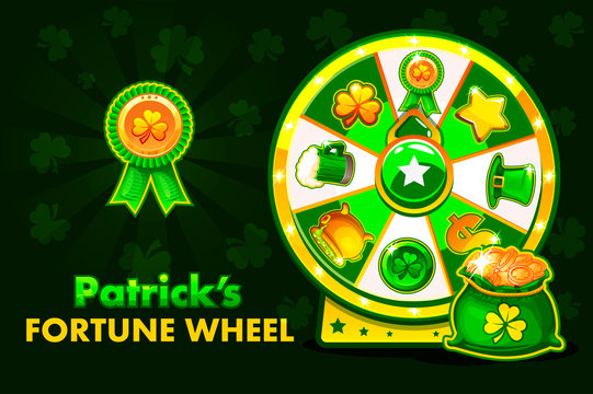 Cartoon Patrick s lucky roulette, spinning fortune wheel. Holiday icons and symbols, vector illustration. Game assets