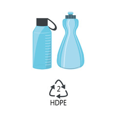 HDPE 2 plastic type - blue high-density polyethylene bottles with recycle triangle arrow sign in flat style isolated on white background. Vector illustration of polythene products.