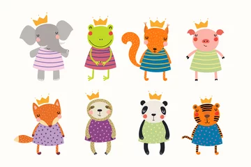 Foto auf Alu-Dibond Big set of cute funny animals princesses in crowns and dresses. Isolated objects on white background. Hand drawn vector illustration. Scandinavian style flat design. Concept for children print. © Maria Skrigan