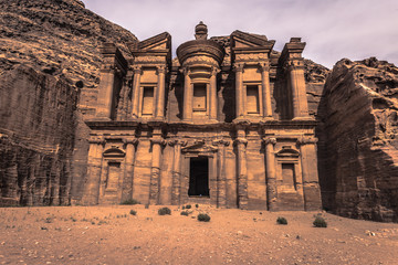 Petra - October 01, 2018: Monastery of the ancient city of Petra, Wonder of the World, Jordan