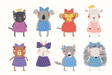 Rolgordijnen Big set of cute funny animals princesses in crowns, ribbons, dresses. Isolated objects on white background. Hand drawn vector illustration. Scandinavian style flat design. Concept for children print. © Maria Skrigan