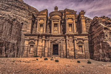 Fototapeta premium Petra - October 01, 2018: Monastery of the ancient city of Petra, Wonder of the World, Jordan
