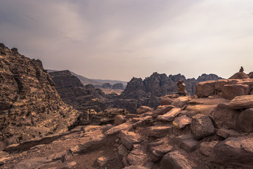 Petra - October 01, 2018: Landscape around the monastery of the ancient city of Petra, Wonder of the World, Jordan