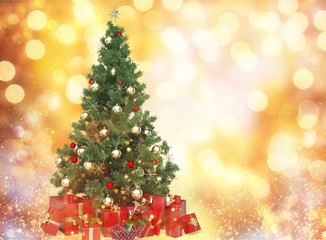 Decorated Christmas tree and gifts on  background