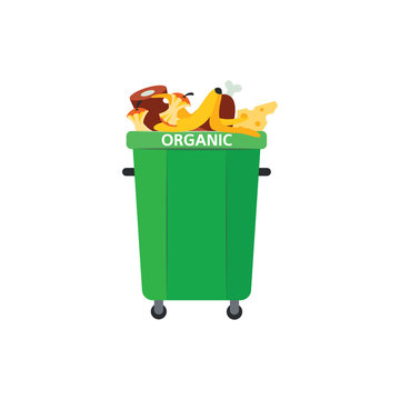 Recycle trash bin for organic garbage in flat style isolated on white background. Vector illustration of green dumpster full of food waste for separating and sorting rubbish concept.