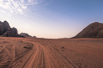Wadi Rum - October 02, 2018: Panoramic view of the Wadi Rum desert, Jordan