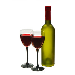 Two glasses of red wine and bottle