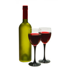 Two glasses of red wine and bottle