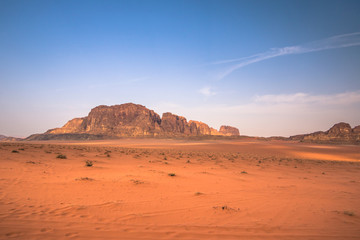 Wadi Rum - October 02, 2018: Panoramic view of the Wadi Rum desert, Jordan