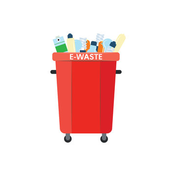 Recycle trash bin for e-waste in flat style isolated on white background - vector illustration of red dumpster full of electronic garbage for separating and sorting rubbish concept.