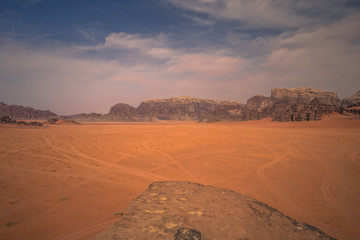 Fototapeta premium Wadi Rum - October 02, 2018: Panoramic view of the landscape of the Wadi Rum desert, Jordan