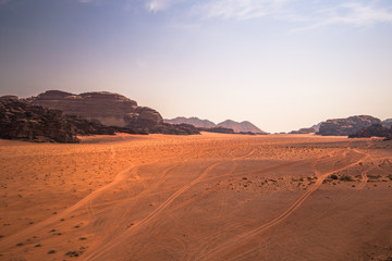 Wadi Rum - October 02, 2018: Panoramic view of the landscape of the Wadi Rum desert, Jordan