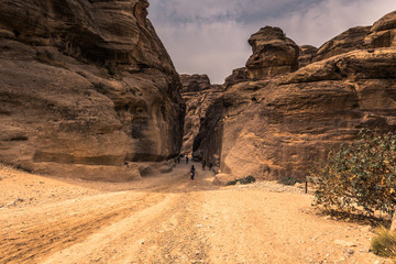 Petra - October 01, 2018: Canyon leading to the ancient city of Petra, Wonder of the World, Jordan