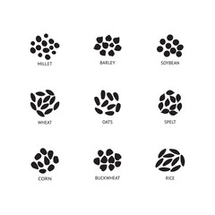 Vector wheat ears, oats or barley seeds, grains black silhouette icon. Organic food, harvest cereal for agricultural product design. Natural heatlhy food full of vitamins and nutritions illustration