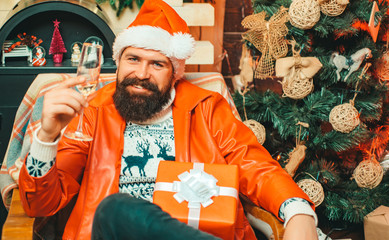 Hipster santa claus. New year mood. Christmas Celebration holiday. New year party. Santa drunk. New year party.