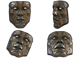 iron mask with ornament and gold bevels on an isolated white background. 3d illustration