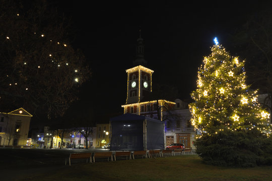 Local town in Europe, Christmas tree in old town-Slany, Czech republic