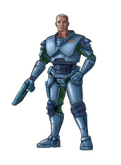 Concept art digital painting or illustration of science fiction futuristic military soldier character in armor holding pistol gun weapon.