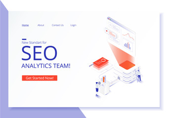 Creative website template design. SEO analytics team landing page. Vector isometric illustration concept of search engine optimization, analysis, chart, people. Modern 3d graphic design in flat style