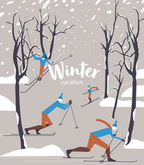 Beautiful vector winter season holidays outdoor activities. Abstract people skiing in mountains. Snow forest trees. Ski competition. Sport on Christmas vacations. Vector illustration background.