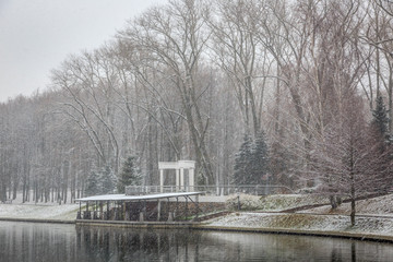 Snow covered Victory Park in Minsk, Belarus