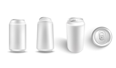 Vector illustration set of white blank aluminum can mockup from different angles for alcohol or fizzy drink branding and advertising in realistic 3d style - isolated metallic pack for beer or soda.