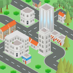 Megapolis 3d isometric three-dimensional view of the city. Collection of houses, skyscrapers, buildings, built and supermarkets with streets and traffic. The stock vector - Vector