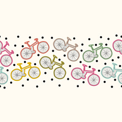 Horizontal seamless pattern with bicycles and polka dots.