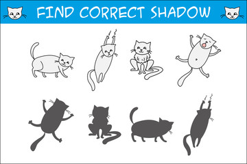 Naklejka premium Kids game with cats,find correct shadows,template page,