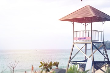 Building for the beach controller, background, sky, sea of ​​Thailand, people surfboard Morning sun