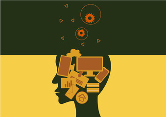 Big head is a lot of icons. Social network and global computer networks.