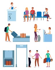 Vector airport check-in, travelling characters concept set. Customs security check, woman at departure stall, people sitting at chairs with tickets, man standing with travel bag, cat carrier