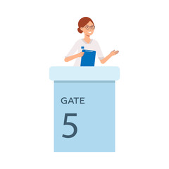 Vector cheerful woman in glasses greeting tourists standing at gate check-in smiling. Female character at airport terminal service. Travelling concept, isolated illustration