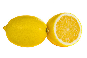 two lemons whole and one cut to half of the isolate on a white background without a shadow, macro. Ripe lemon and half close-up on a white background