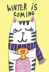 Hand drawn winter cat cute tea