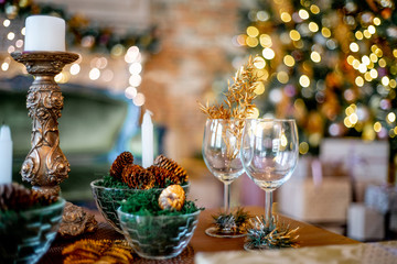 Christmas living room with a christmas tree and presents under it