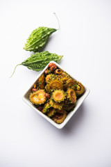 Delicious bitter melon curry, a healthy food from India. selective focus