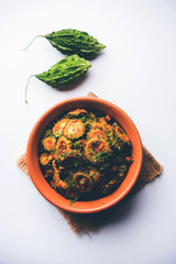 Delicious bitter melon curry, a healthy food from India. selective focus