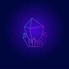 Geometric crystal Vector illustration Bright neon outline icon of crystal mineral on dark background