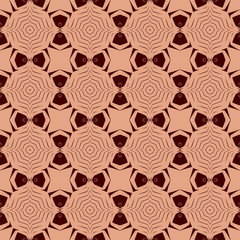 Seamless square pattern from beige geometrical abstract ornaments on a dark brown background. Vector illustration. Suitable for fabric, wallpaper and wrapping paper
