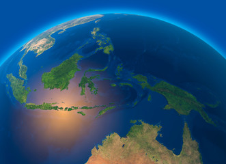 Mappa fisica del mondo, vista satellitare del Sud-est asiatico, Indonesia. Globo. Emisfero. Rilievi e oceani. Rendering 3d. Vulcani © Naeblys