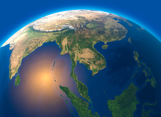 Mappa fisica del mondo, vista satellitare del Sud-est asiatico. Globo. Emisfero. Rilievi e oceani. Rendering 3d © Naeblys